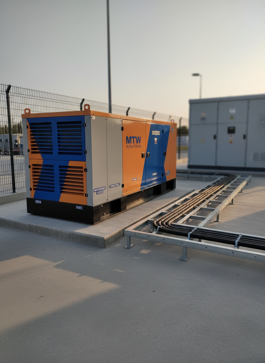 A pristine, containerized diesel generator set in MTW MyTechWorks corporate colors, its metal housing in a matte neutral finish with crisp ventilation grilles and neatly labeled access panels. It is positioned on a smooth concrete pad inside a fenced technical yard, with cable trays running in straight, organized routes toward a nearby high-voltage switchboard. Late afternoon natural light creates gentle highlights on the metal surfaces and subtle, elongated shadows on the ground. Shot from a slightly elevated three-quarter angle, the composition uses the rule of thirds and a shallow background blur to keep attention on the generator. The mood is calm, dependable, and efficient, showcasing professional temporary power solutions with clean, photographic realism.